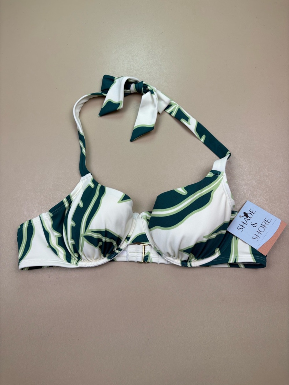 Shade Shore Bikini Top 38B Green White Halter Underwire NWT